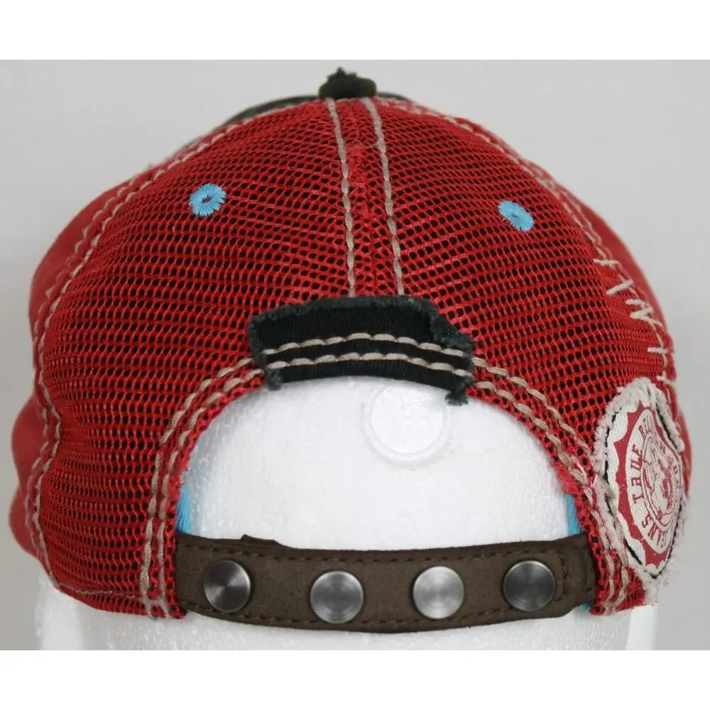 True Religion Hat Mens OSFA Red Distressed Trucker Cap Y2K Buddha Logo